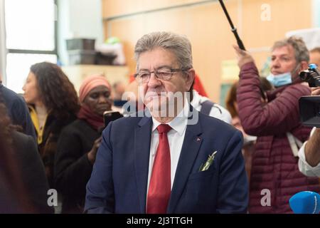 Marseille, France. 10th Apr, 2022. First round of the French presidential election : Jean-Luc Mélenchon in Marseille. Jean-Luc Mélenchon, France's leftist movement La France Insoumise (LFI) party leader, member of Parliament and candidate for the 2022 presidential election, votes at a polling station for the first round of the french presidential election on april 10, 2022 in Marseille, France. Photo by Florian Escoffier/ABACAPRESS.COM Credit: Abaca Press/Alamy Live News Stock Photo