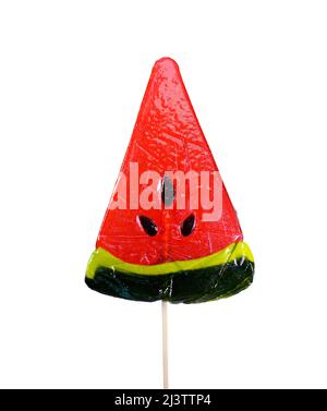 Red Lollipop in the shape of watermelon slices Stock Photo