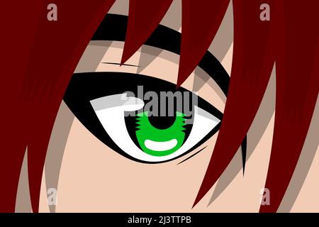 Anime pretty girl face with green eye and red hair. Manga hero art background concept. Vector cartoon look eps illustration Stock Vector