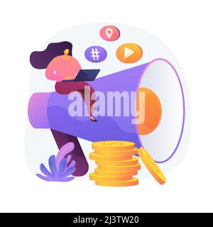 Content marketing. Copywriting, blogging, creative writing. Female cartoon character sitting on megaphone. SMM, Internet promo flat design element. Ve Stock Vector