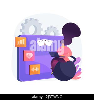 Fitness software. Slimming organizer, sport training planner, weight loss program. Woman using laptop for workout progress and wellness tracking. Vect Stock Vector