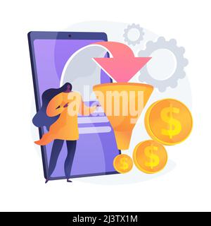 Funnel sales strategy. Profit monetization. Target audience, lead generation. Conversion marketing. Marketologist cartoon character. Online business. Stock Vector