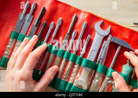 Background with many different tools for DIY, construction, renovation Stock Photo