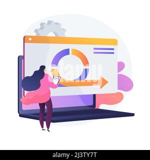 Woman using software cartoon character. Working process, workflow analysis, internet platform testing. Female programmer, professional financial analy Stock Vector