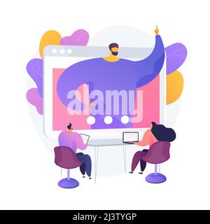 Web conference. People listening to online interactive seminar, lecture on computer screen. Webconferencing, webcast, webinar, e-learning. Vector isol Stock Vector
