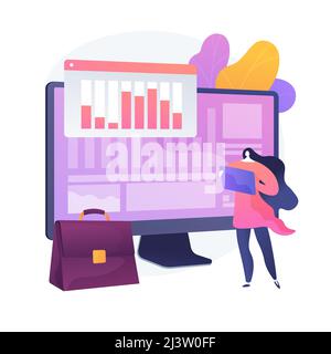 Stocktaking process. Financial operation. Tax reporting, managementt software, enterprise program. Woman doing bookkeeping and auditing cartoon charac Stock Vector