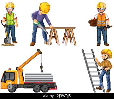 Set of construction site objects and workers illustration Stock Vector
