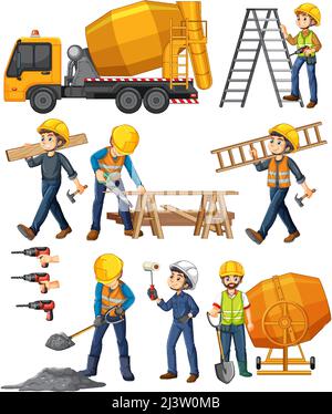 Set of construction site objects and workers illustration Stock Vector