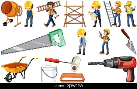 Set of construction site objects and workers illustration Stock Vector