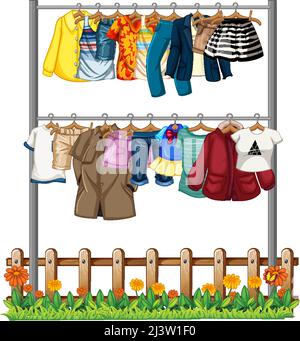 Many clothes hanging on clothesline illustration Stock Vector