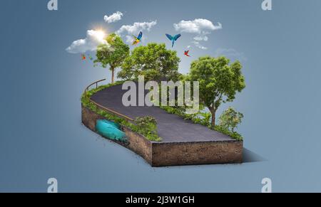 3d illustration of road isolated with clouds. Travel and vacation background. Beautiful Green runway isolated. Stock Photo