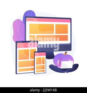 Website building. Web graphic, interface design, responsive website. Software engineering and development. Male programmeer cartoon character. Vector Stock Vector