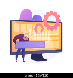 Software development, programming, application interface. Computer app modernization, PC optimization, program setting. Programmer cartoon character. Stock Vector