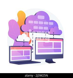 Cloud information storage. Collocated cloud computing. Data synchronization and harmonization. Available, accesssible, digital. Connected backup. Vect Stock Vector