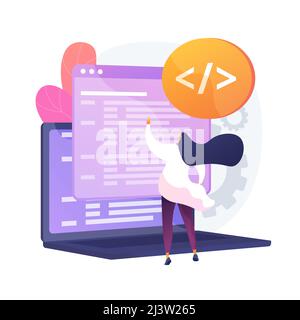 Custom style script. Website optimization, coding, software development. Female programmeer cartoon character working, adding JavaScript, CSS code. Ve Stock Vector