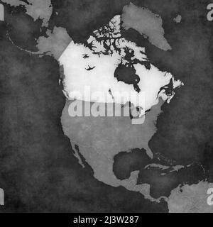 Canada on the map of North America. The map is in vintage black and white style. The map has soft grunge and retro old paper atmosphere. Stock Photo