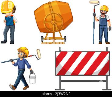Set of construction site objects and workers illustration Stock Vector