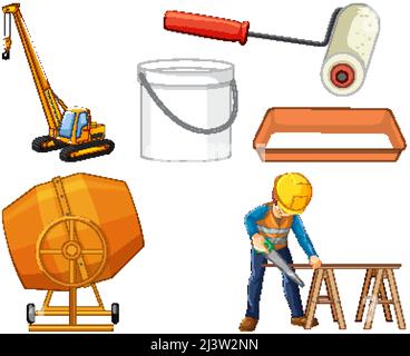 Set of construction site objects and workers illustration Stock Vector