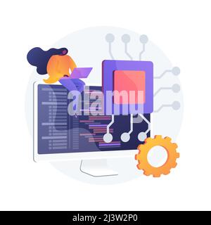 Online database, cloud disk. Data storage, information base, computer application. PC user, operator cartoon character. Information on monitor screen. Stock Vector