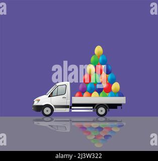 Happy easter. A cargo van carries a mountain of colored eggs for the holiday. Reflection on the ground. Stock Vector