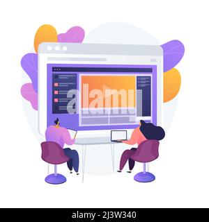 Online courses. Colorful cartoon characters watching video tutorial, business seminar. Elearning, webinar, online learning. Remote studying. Vector is Stock Vector
