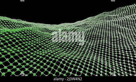 Mesh wavy surface moves on black background. Design. Virtual surface