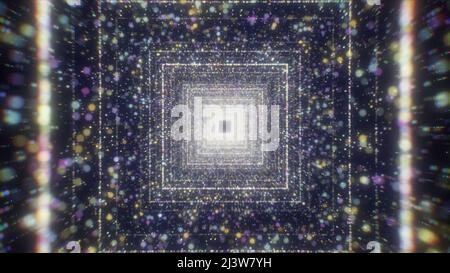 Square tunnel with sequins. Motion. Traffic in tunnel with lot of colorful parking spots. Beautiful space tunnel with shining particles Stock Photo