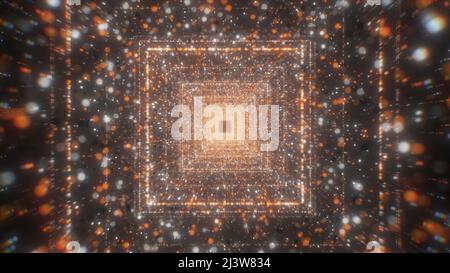 Square tunnel with sequins. Motion. Traffic in tunnel with lot of colorful parking spots. Beautiful space tunnel with shining particles Stock Photo