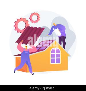 Roofing services abstract concept vector illustration. Roof repair, peak roofing contractors, house maintenance, leak inspection, new roof installatio Stock Vector