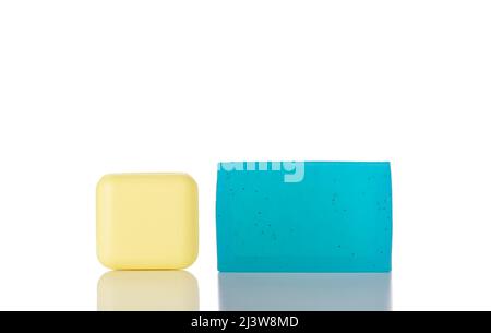 Yellow and Blue Bar of Natural Soaps Isolated on a White Background Stock Photo