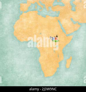 South Sudan (South Sudanese flag) on the map of Africa. The map is in soft grunge and vintage style, like watercolor painting on old paper. Stock Photo