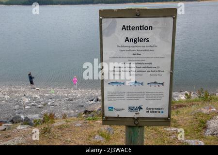 Regulations sign for Upper and Lower Kananaskis Lake Fishing, Kananaskis Provincial Park, Alberta, August 31, 2018. Stock Photo