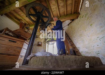 Volunteers clean and grease cogs inside Wilton windmill, Wiltshire, where members of the Wilton Windmill Society are helping to complete the annual Spring clean of the traditional tower mill with fantail, built in 1871 and operational for 100 years. Picture date: Sunday April 10, 2022. Stock Photo