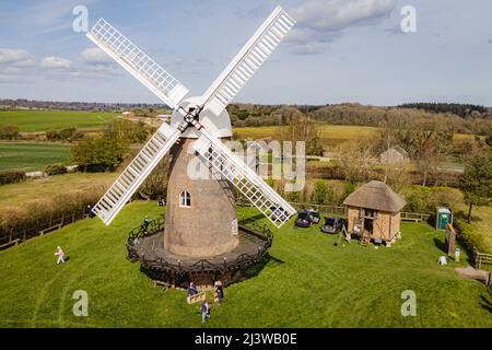 Wilton windmill, Wiltshire, where members of the Wilton Windmill Society are helping to complete the annual Spring clean of the traditional tower mill with fantail, built in 1871 and operational for 100 years. Picture date: Sunday April 10, 2022. Stock Photo