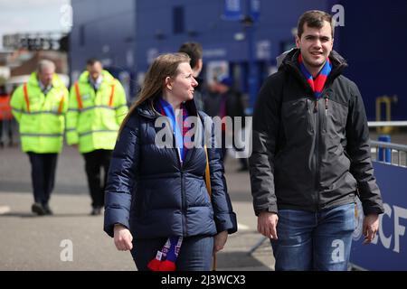 LEICESTER, UK. APR 10TH: Crystal Palace fans arrive ahead of the Premier League match between Leicester City and Crystal Palace at the King Power Stadium, Leicester on Sunday 10th April 2022. (Credit: James Holyoak | MI News) Credit: MI News & Sport /Alamy Live News Stock Photo