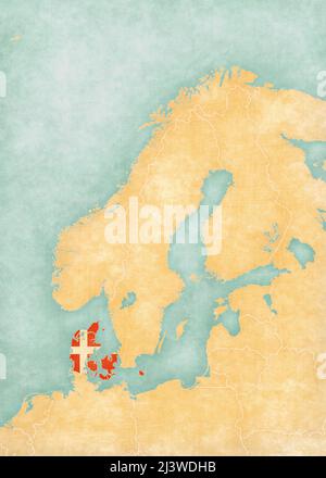 Denmark (Danish flag) on the map of Scandinavia  in soft grunge and vintage style, like watercolor painting on old paper. Stock Photo