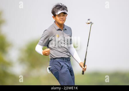 Pattaya Thailand - April 10:  Ratchanon Chantananuwat of Thailand reacts on his winning put during the 4th and final round of the Trust Golf Asian Mixed Cup at Siam Country Club Waterside Course on April 10, 2022 in Pattaya, Thailand (Photo by Orange Pictures) Stock Photo