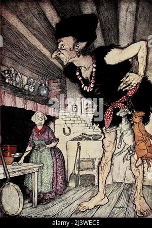 Fee-Fi-Fo-Fum, I smell the blood of an Englishman from ' Jack and the Beanstalk ' from the book ' English Fairy Tales ' retold by Flora Annie Steel, Webster, illustrated by Arthur Rackham, Publisher New York, The Macmillan company 1918