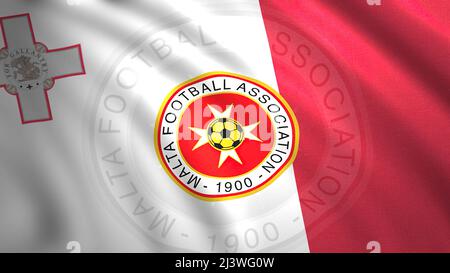 3D flag with football emblem of team. Motion. Flag of national or state football team. Coat of arms of football team on flag of Malta Stock Photo