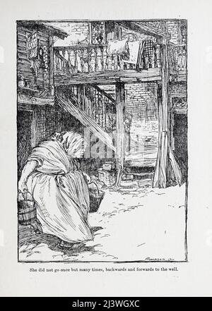 She did not go once but many times, backwards and forwards to the well from ' Foundlingbird ' from the book ' Hansel & Grethel : & other tales ' by Jacob Grimm, Wilhelm Grimm, Illustrated by Arthur Rackham, Publisher London : Constable & Co., Ltd 1920 Stock Photo