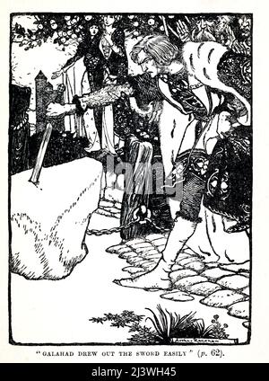 GALAHAD DREW OUT THE SWOKD EASILY from the book ' Stories of King Arthur ' by Arthur Lincoln Haydon, Illustrated by Arthur Rackham, Stock Photo