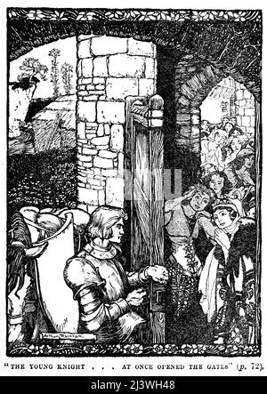 THE YOUNG KNIGHT ... AT ONCE OPENED THE GATE from the book ' Stories of King Arthur ' by Arthur Lincoln Haydon, Illustrated by Arthur Rackham, Stock Photo