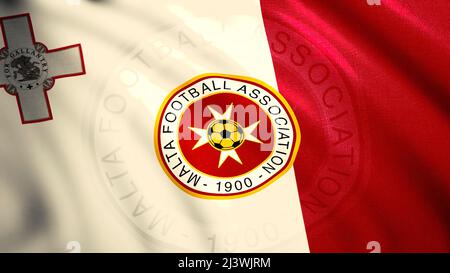 3D flag with football emblem of team. Motion. Flag of national or state football team. Coat of arms of football team on flag of Malta Stock Photo