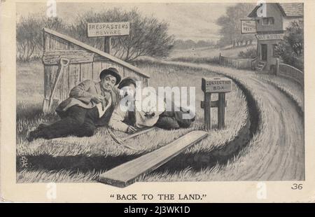 'Back to the land', 1900s. Cartoon showing two disreputable looking men smoking pipes whilst lying on a piece of grass next to a small shed. They have a collection box for donations, a pick and shovel and a sign saying 'Trespassers beware'. A pub called 'The Travellers Rest' is in the background. This is a hostile view of the 'Back to the land' movement of the first decade of the 20th century, which included campaigns for land reform, occupation of land with the intention that it could be cultivated by unemployed workers, and 'hunger marches' of unemployed men looking for work Stock Photo