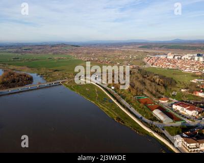 Aerial view of Sixteenth century Mustafa Pasha Bridge (Old Bridge) over Maritsa river in town of Svilengrad, Haskovo Region, Bulgaria Stock Photo