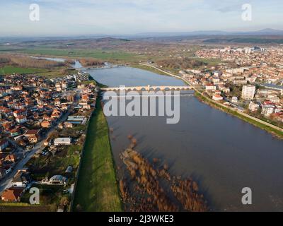 Aerial view of Sixteenth century Mustafa Pasha Bridge (Old Bridge) over Maritsa river in town of Svilengrad, Haskovo Region, Bulgaria Stock Photo