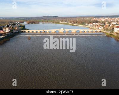 Aerial view of Sixteenth century Mustafa Pasha Bridge (Old Bridge) over Maritsa river in town of Svilengrad, Haskovo Region, Bulgaria Stock Photo