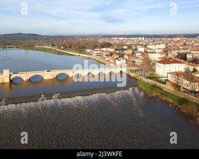 Aerial view of Sixteenth century Mustafa Pasha Bridge (Old Bridge) over Maritsa river in town of Svilengrad, Haskovo Region, Bulgaria Stock Photo