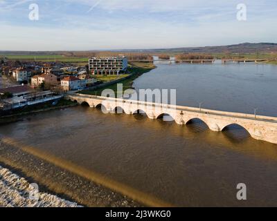 Aerial view of Sixteenth century Mustafa Pasha Bridge (Old Bridge) over Maritsa river in town of Svilengrad, Haskovo Region, Bulgaria Stock Photo