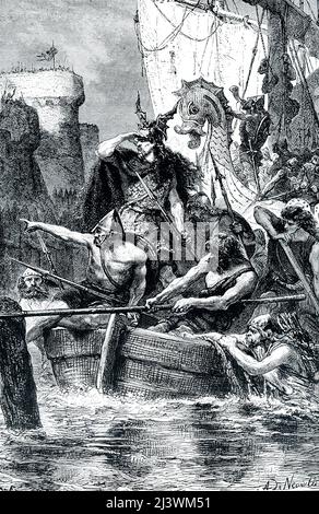 The 1906 caption reads: “Rolf the Ganger attacks Paris.” Rolf or Rollo (c. 860-932 AD) was the first duke of Normandy. As leader of the Norman pirates, he settled at the mouth of the Seine River, and attacked Paris and Chartres in 910. By the Treaty of Saint-Clair-sur-Epte (911) with King Charles III of France, he received in fief the territory his men had occupied (part of the future duchy of Normandy)) on the condition that he defend it against attack and that he be baptized. According to the treaty of 911 that he signed with Charles III of France, he received the territory that his men had Stock Photo